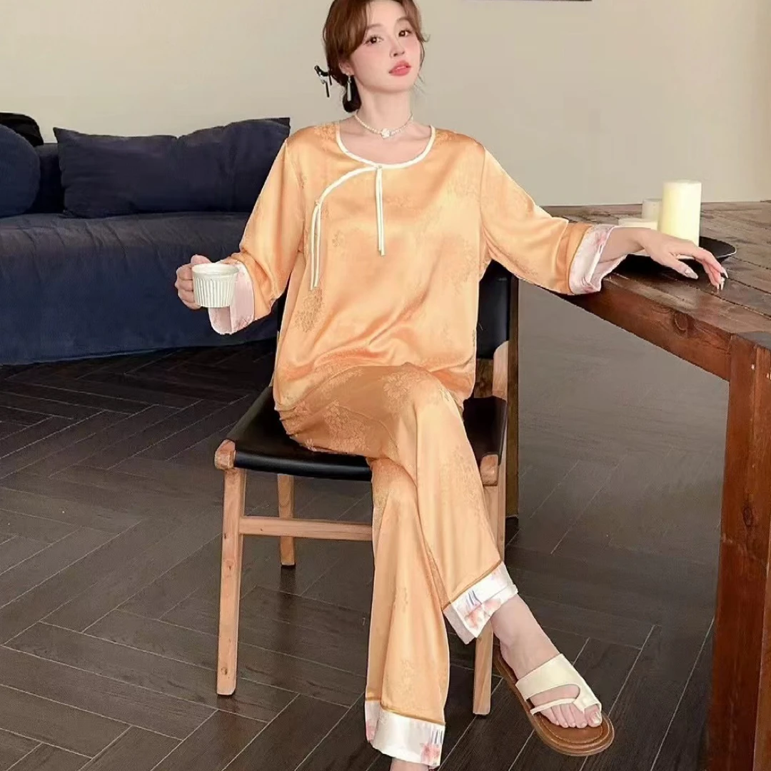 春秋冰丝睡衣新中式盘扣复古风家居服套装睡衣