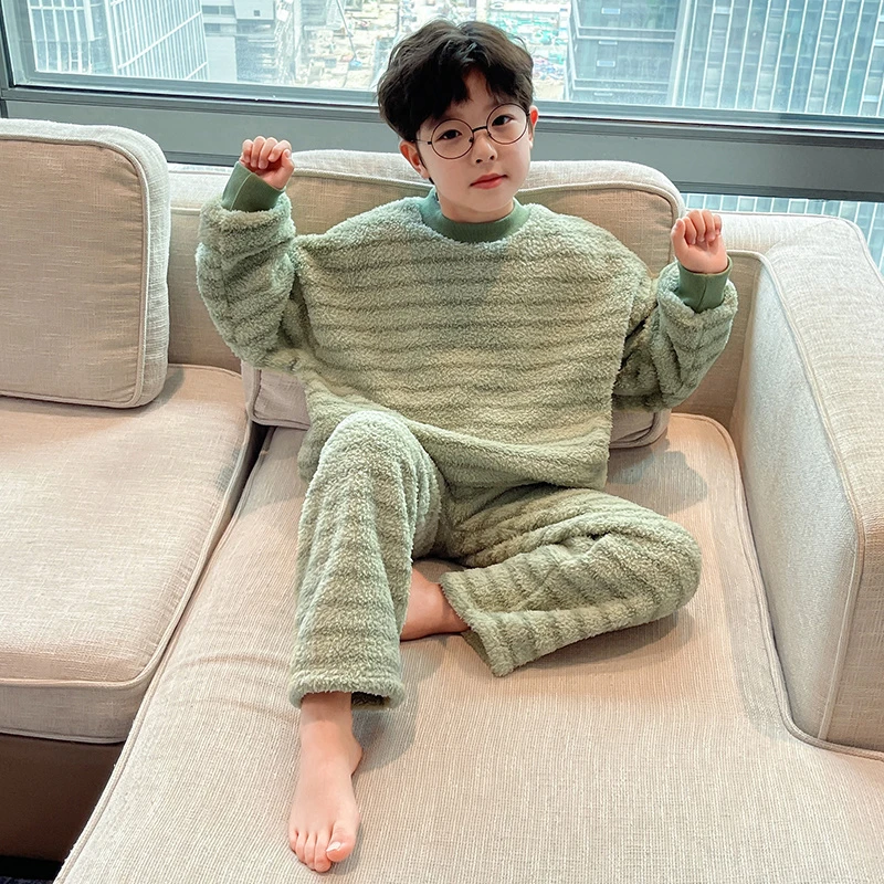 儿童装男童冬装珊瑚绒睡衣青少年秋冬款加厚法兰绒冬季男孩家居服