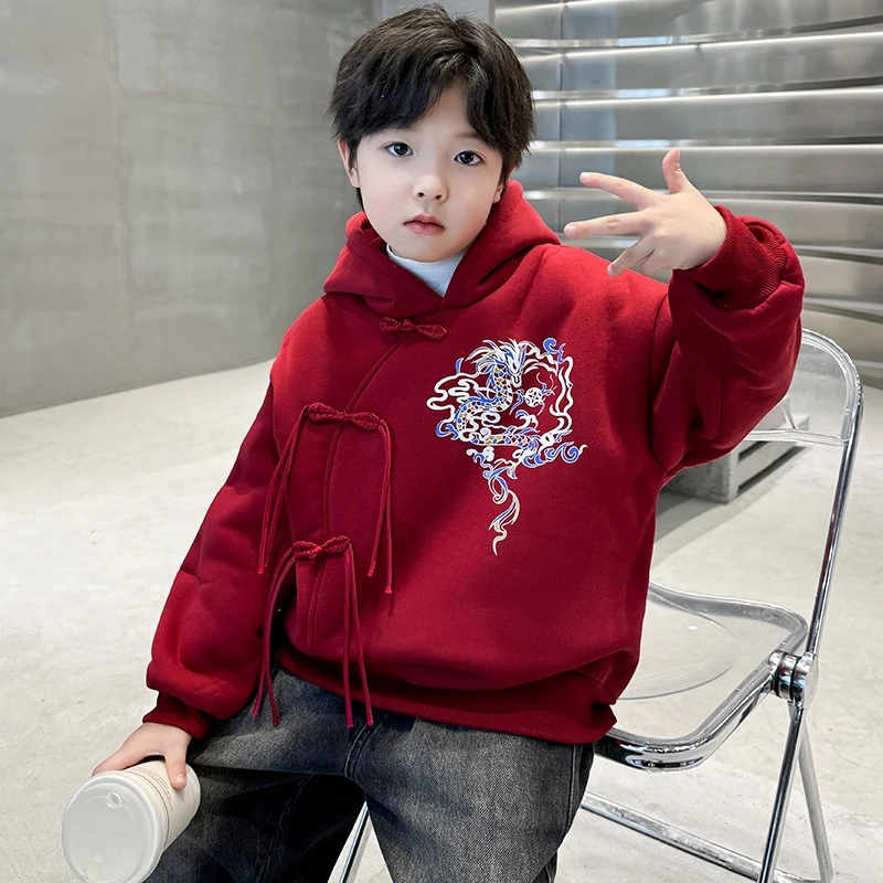 汉服男童拜年服加绒卫衣冬季2025儿童喜庆过新年衣服周岁宝宝唐装