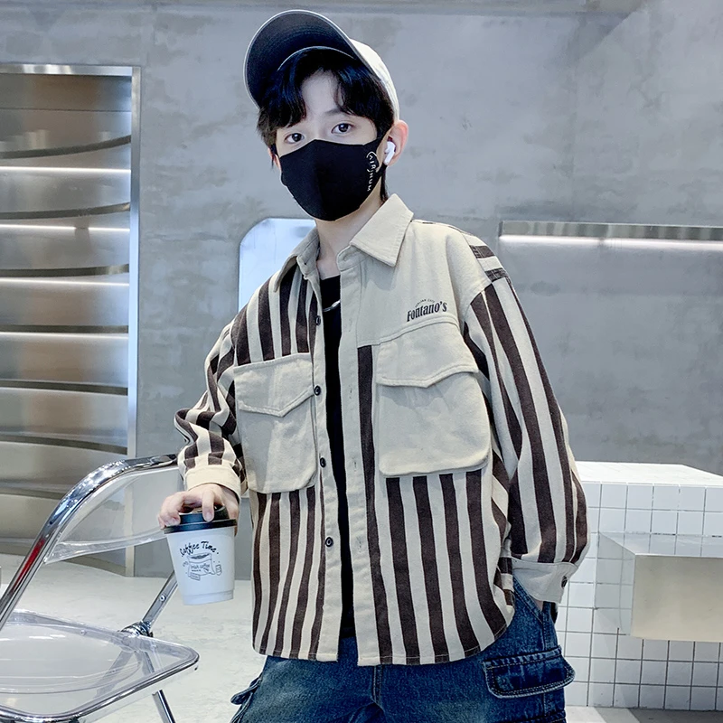 男童条纹衬衫外套春秋款2024秋季儿童装中大童秋装上衣男孩秋季潮