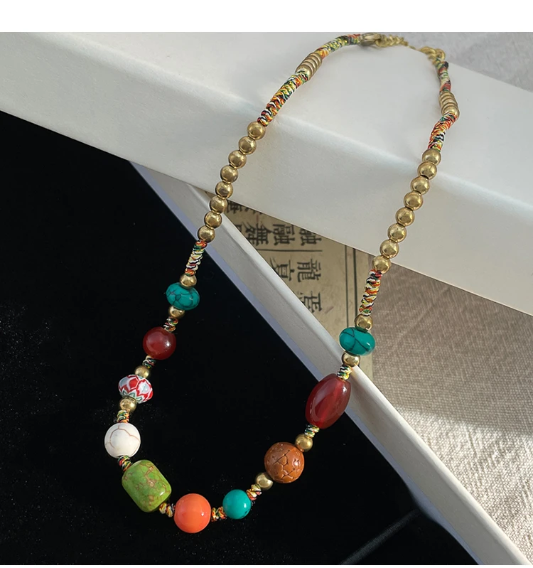 铜合金树脂项链  民族风彩色串珠项链女多巴胺串珠锁骨链颈链配饰