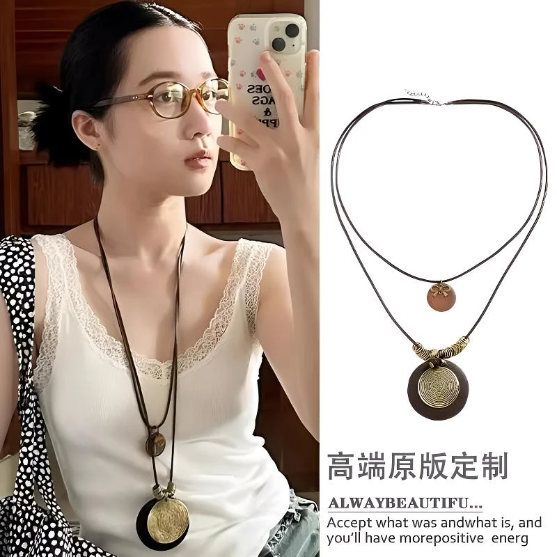 合金树脂项链 民族风新中式禅意百搭项链女双层复古羽毛吊坠项链