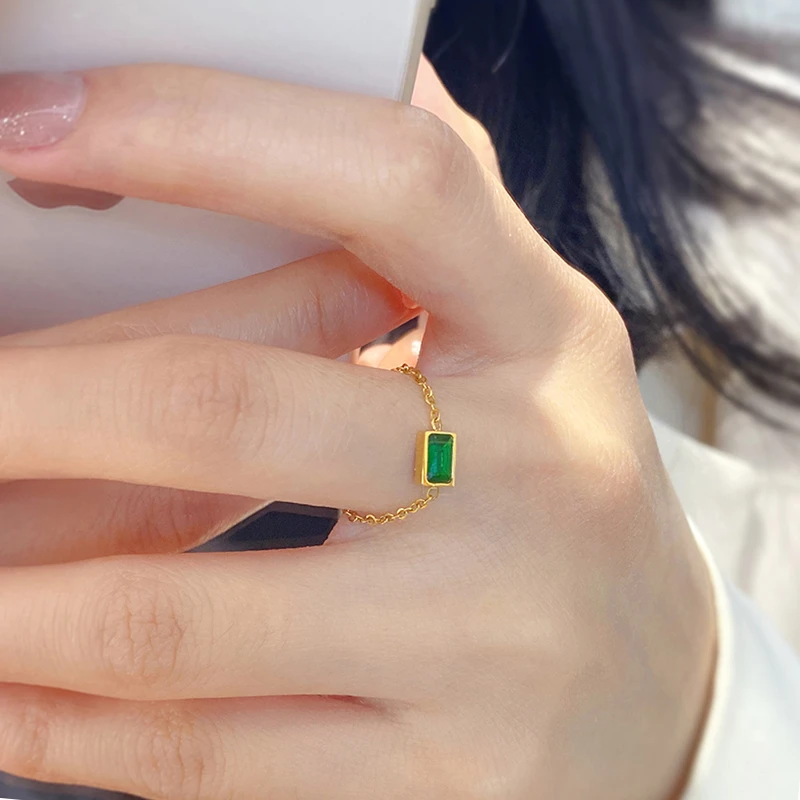 钛钢戒指 时尚轻奢绿链条抽拉式戒指女小众设计感潮复古食指指环