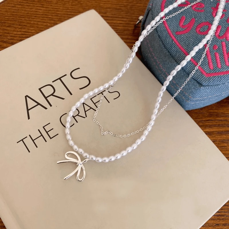 铜合金仿珍珠项链 双层叠戴珠珠蝴蝶结项链女高级感轻奢气质颈链