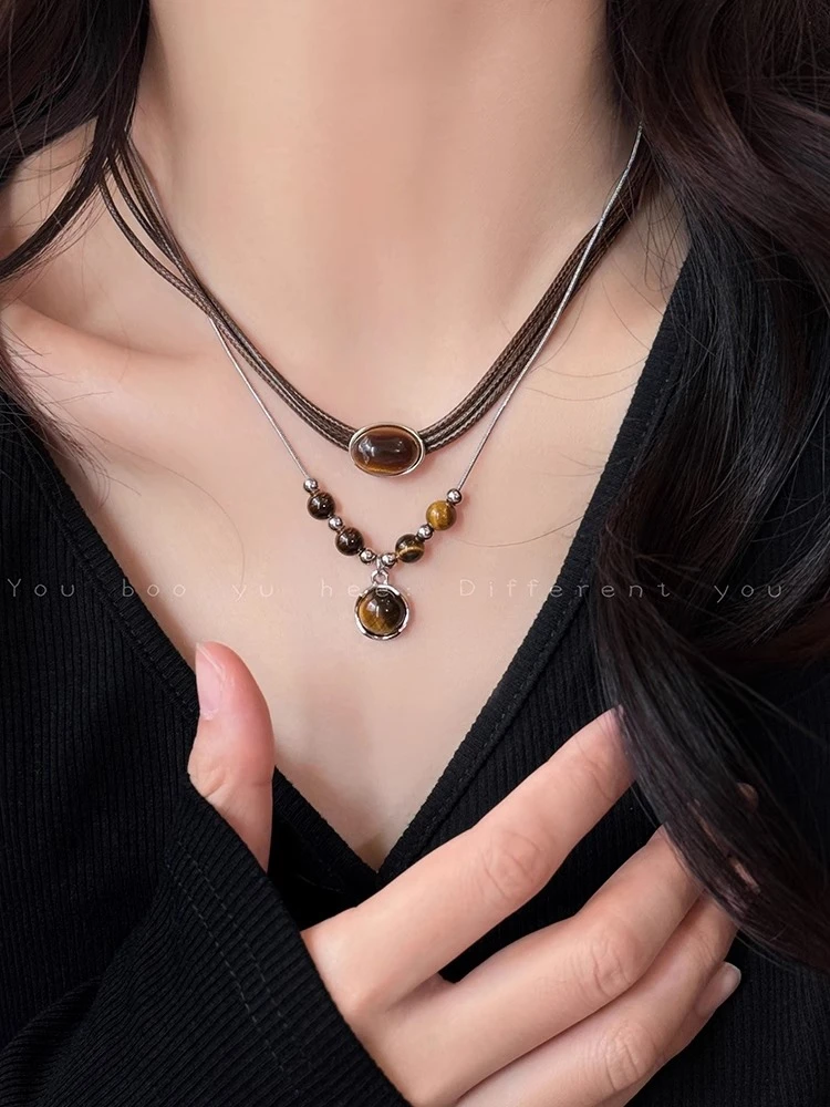 非金属布艺项链 法式雅丹风格串珠项链女轻奢锁骨链双层叠戴颈链