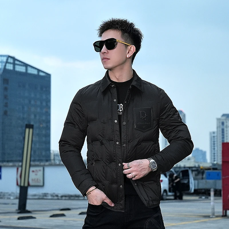 【I.TEX】冬季休闲简约翻领羽绒服男士时尚潮流压花白鸭绒防寒外套