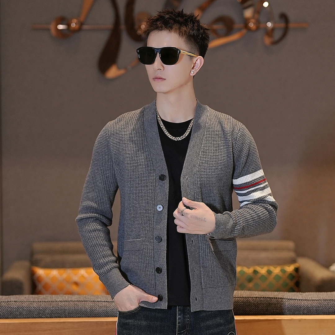 【I.TEX】 秋冬华夫格男时尚休闲针织开衫潮流修身外套羊毛条纹上衣