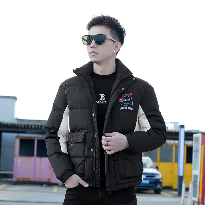 【I.TEX】冬季潮牌时尚刺绣拼色白鸭绒羽绒服男士休闲百搭立领外套