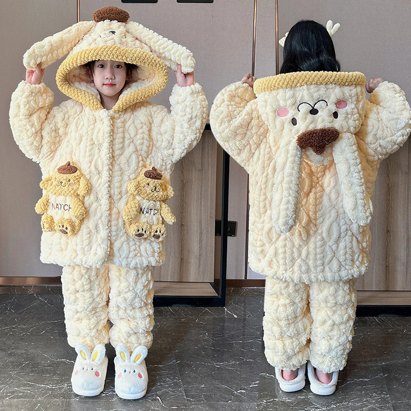 女童睡衣冬季三层夹棉儿童加厚珊瑚绒加绒女孩公主可爱家居服直播