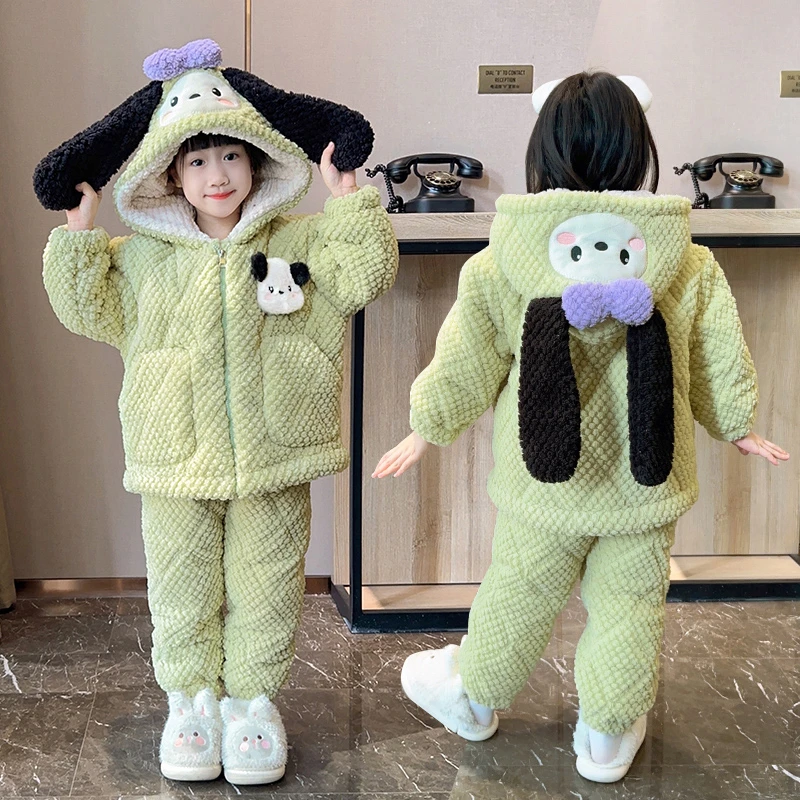 三层夹棉冬季儿童睡衣新款加绒加厚中大童女童外穿卡通家居服套装