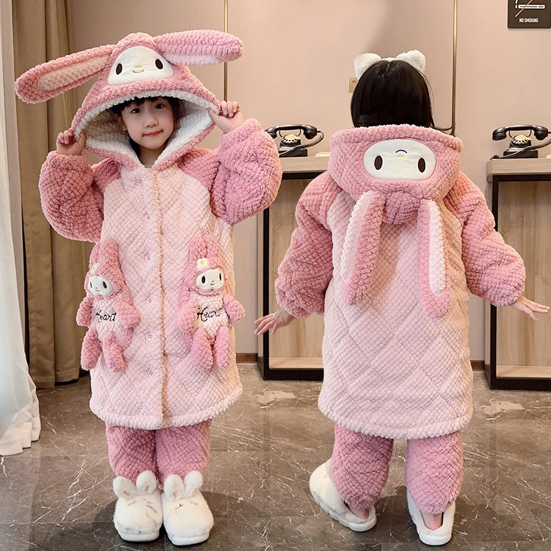 女童睡袍珊瑚绒冬季三层夹棉加厚加绒儿童睡衣公主母女亲子家居服