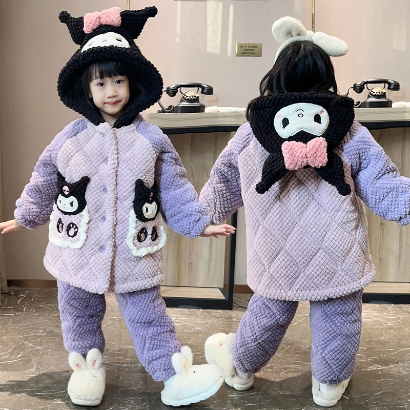 冬季新款儿童三层夹棉女童珊瑚绒加绒加厚外穿保暖连帽家居服套装