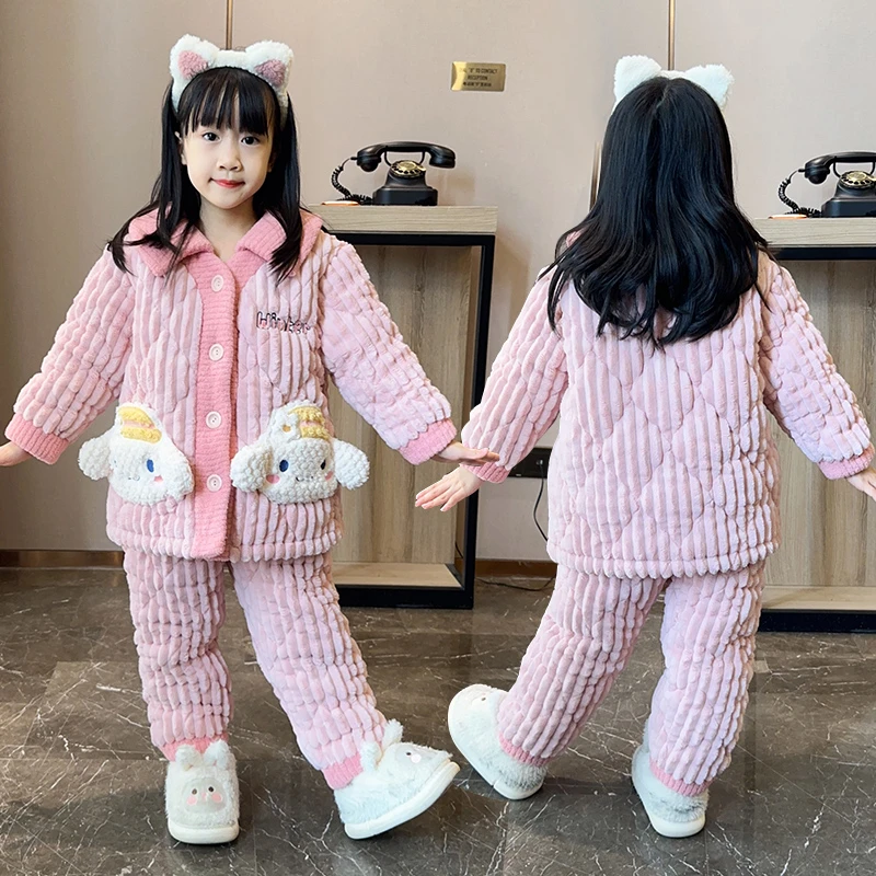 冬季珊瑚绒女童睡衣儿童加绒三层夹棉加厚女孩公主卡通家居服套装