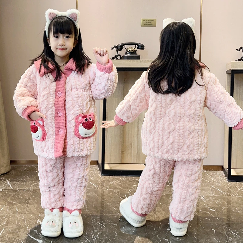 法兰绒女童睡衣冬季加厚三层夹棉加绒套装公主外穿洋气儿童家居服