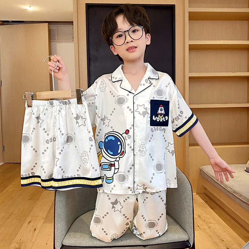 儿童睡衣新款夏季冰丝男童短袖套装中大童男孩卡通洋气夏天家居服