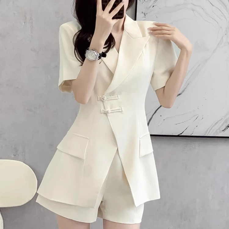 新小西装外套女装短袖上衣短大码夏季两件套遮肚新中式显瘦微胖mm