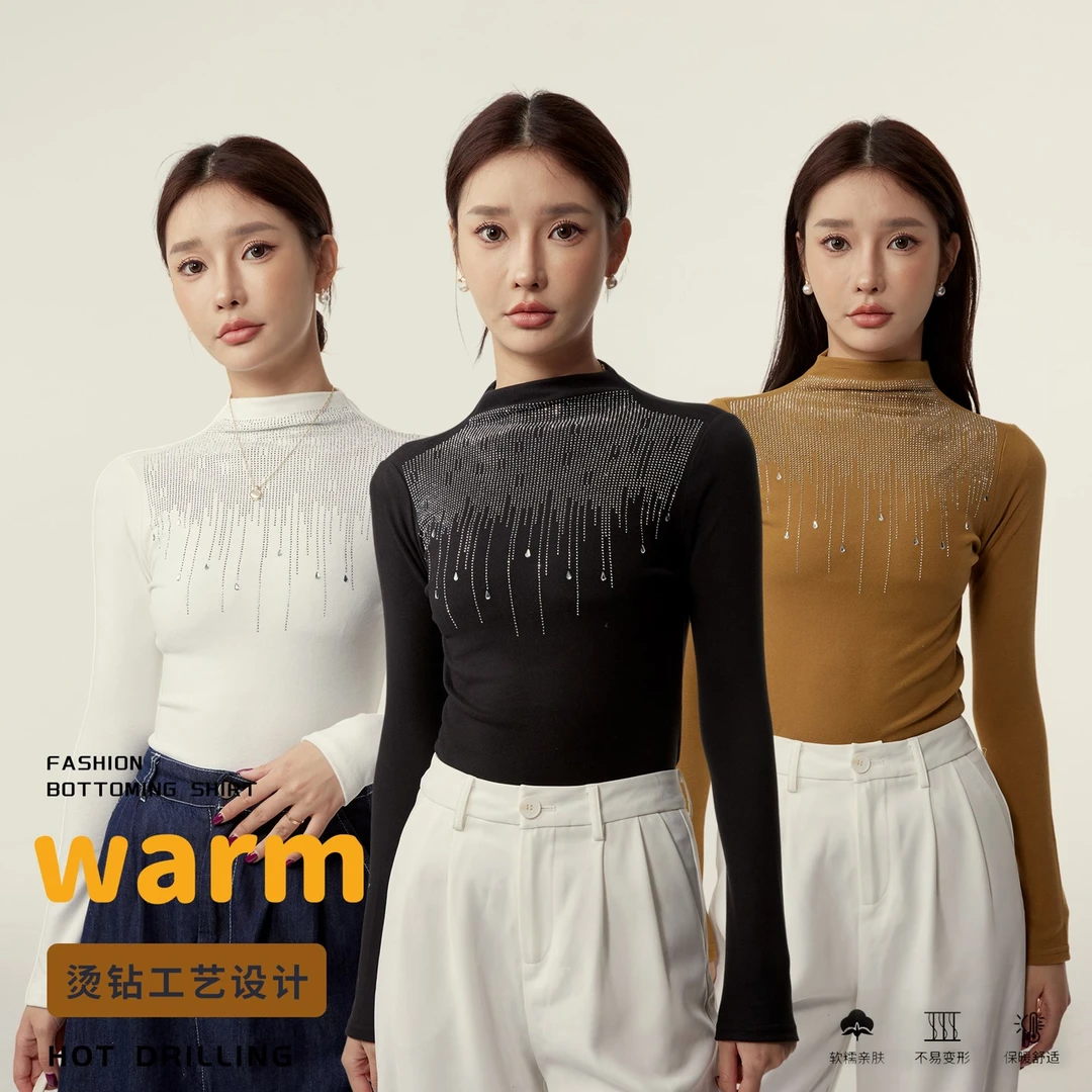 【重工烫钻】流星磨毛烫钻半高领打底衫秋女时尚长袖宝藏衣橱E795