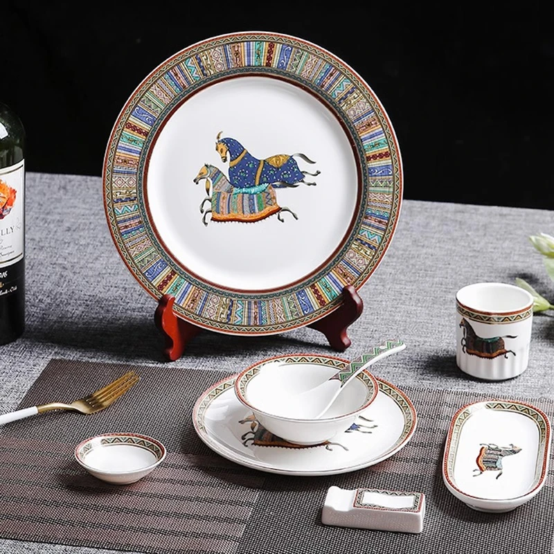 星级酒店摆台餐具套装骨盘碗勺三件套宴会所餐厅万马奔腾陶瓷餐具