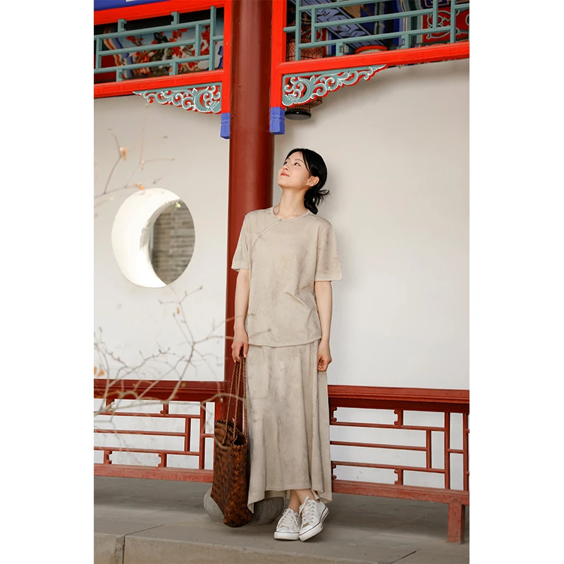 润帛 中国风桑蚕丝山羊绒针织旗袍领半袖 底蕴优雅提花半身裙套装