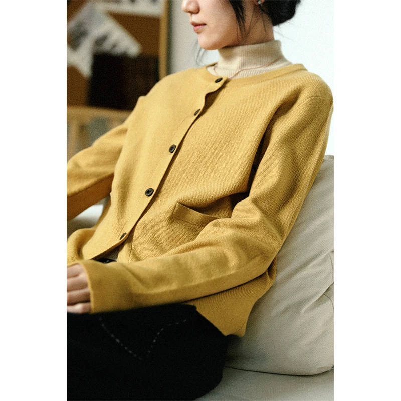 润帛 针织山羊绒圆领碎玉针开衫 简约有型纯色长袖多季节外套女