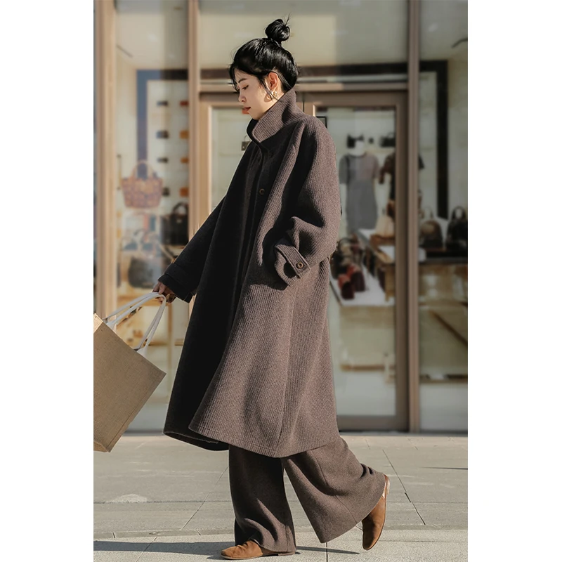 润帛【岁云】针织羊绒经典挺括版型小翻领袖口宽带双兜长款大衣