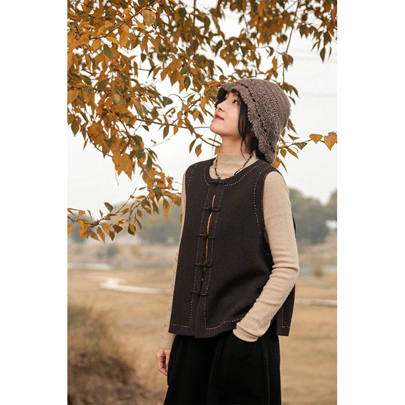 润帛【不惑】中国风山羊绒盘扣马甲女  重工针织外缝线圆领对襟背心