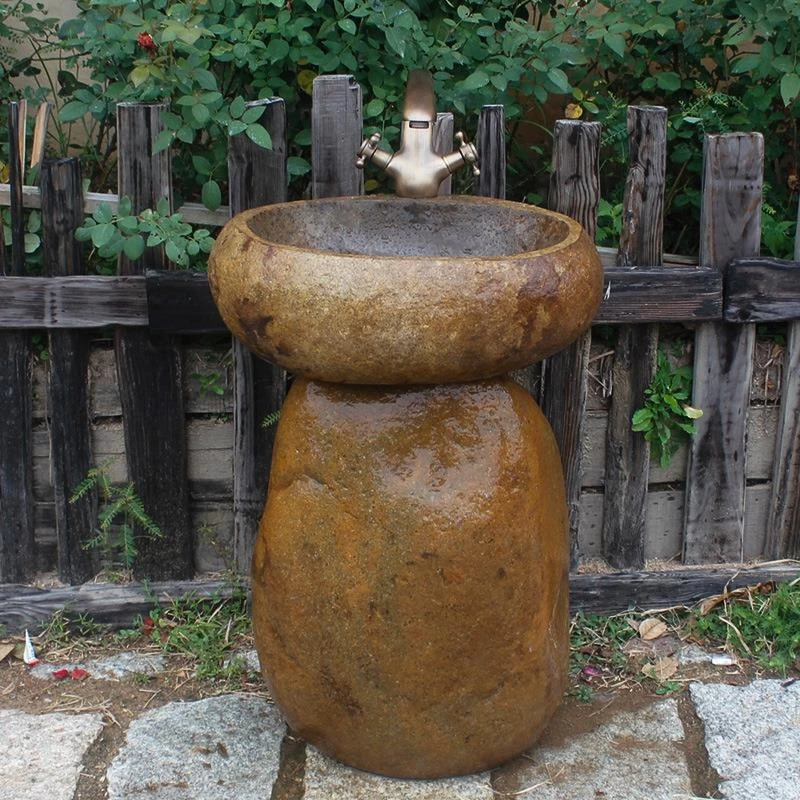 天然石盆户外洗手盆复古鹅卵石立柱盆自然立柱艺术盆洗脸盆洗手盆