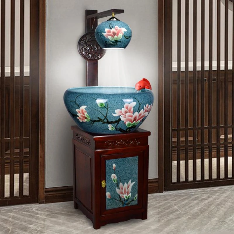 景德镇中式陶瓷鱼缸带柜式客厅2023新款家用养金鱼缸循环流水摆件