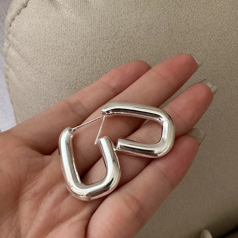 925银耳饰 方形圆管空心工艺复古耳环韩系简约通勤耳饰品