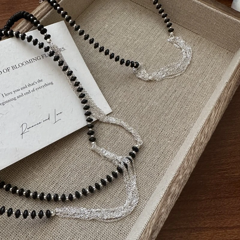 坠链均925银 S925纯银韩版小众设计多层简约黑色韩系复古感毛衣链