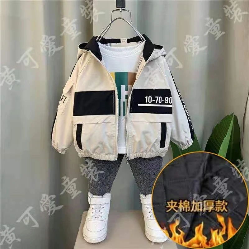 男童加厚外套秋冬款2024新款儿童夹棉连帽上衣宝宝拼色洋气保暖衣