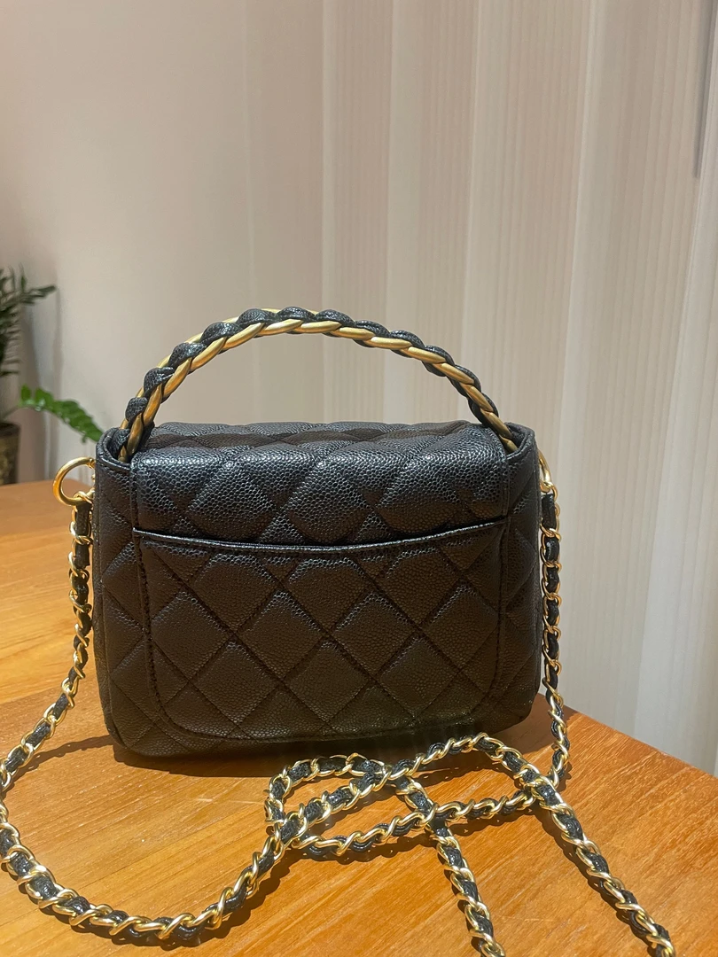 HIRMRIS手工真皮包550520 复古黑金方胖香黑手提