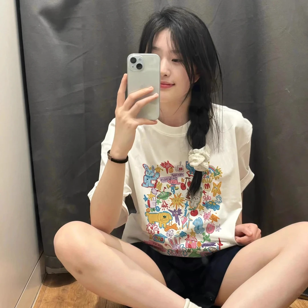 日系趣味卡通涂鸦玩偶印花短袖t恤女小清新学院风上衣减龄甜辣ins