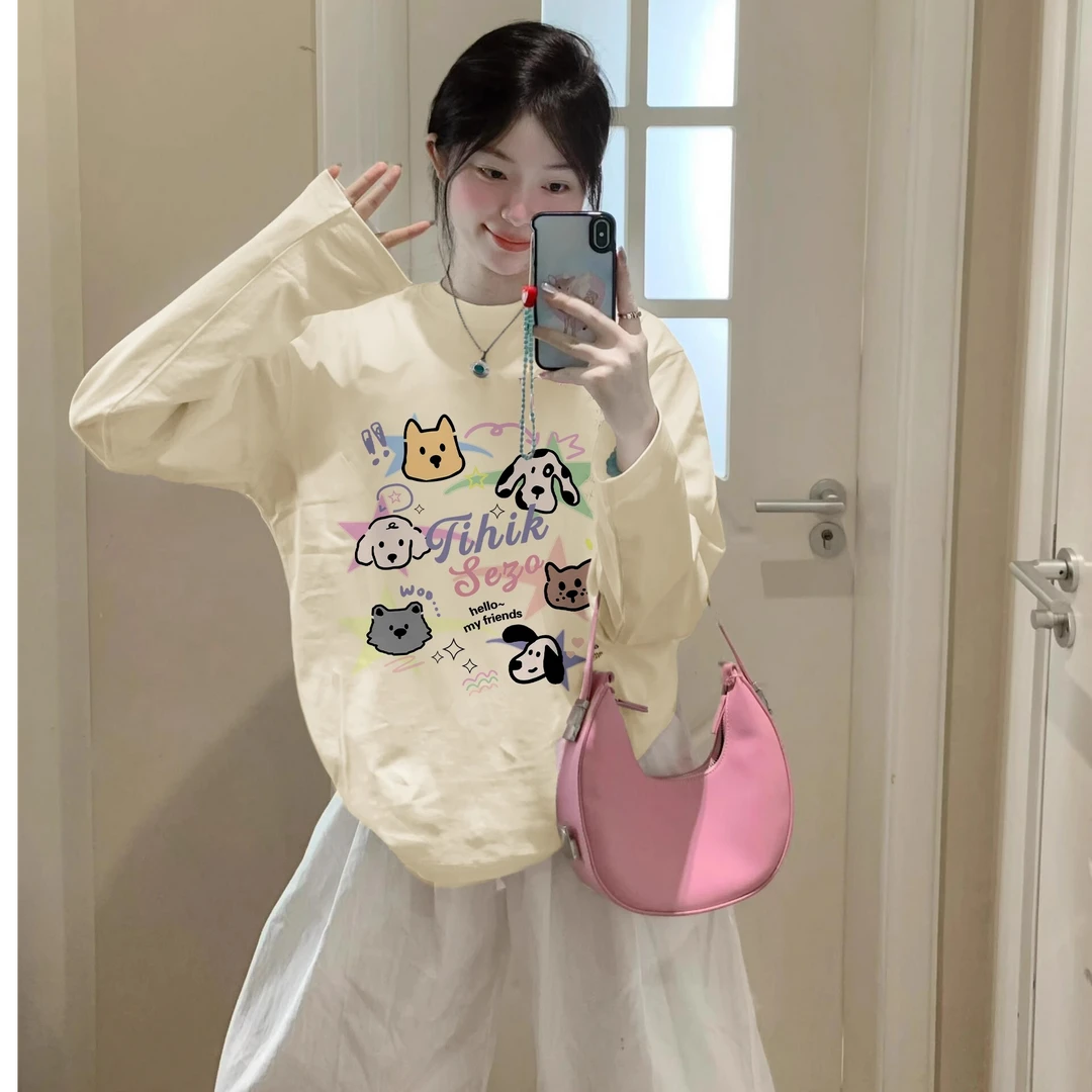 杏色正肩长袖T恤女2024早秋新款设计感卡通印花别致独特打底上衣