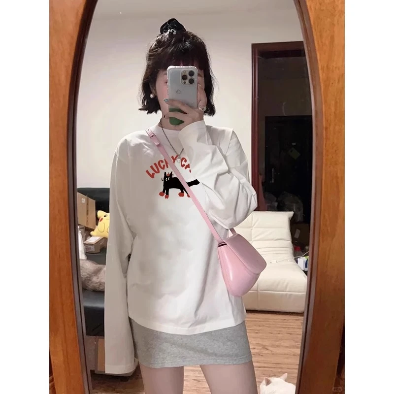 2024早秋新款白色长袖t恤女内搭宽松慵懒松弛感纯棉中长款小上衣