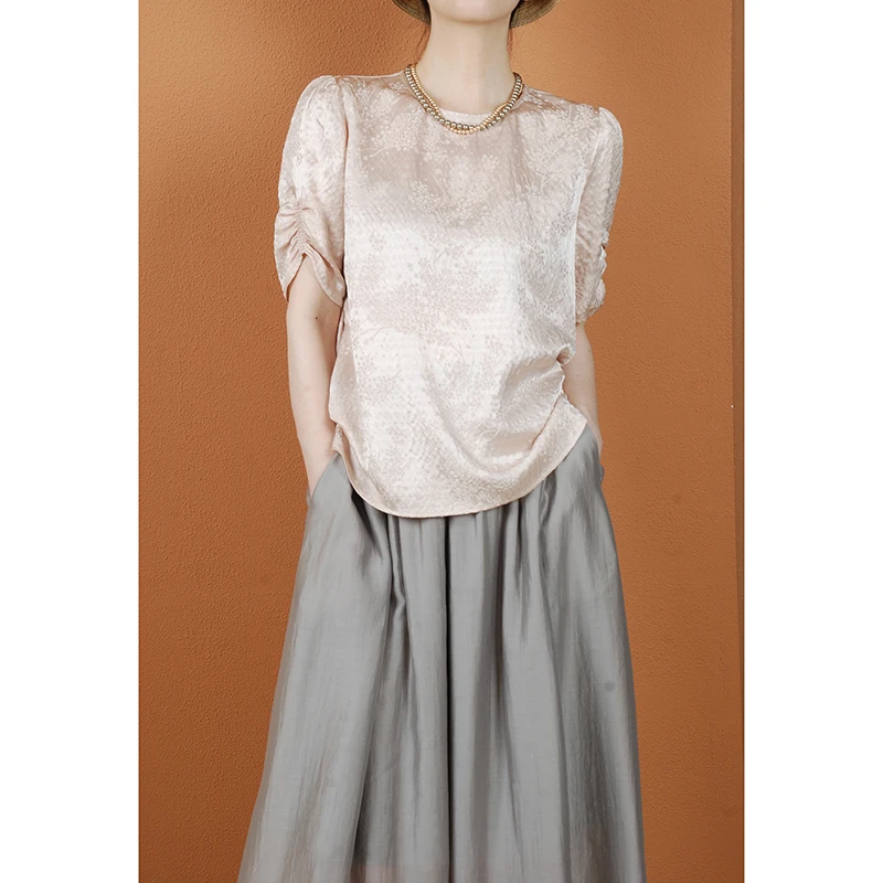 【与风萦】珍珠缎桑蚕丝圆领正肩上衣 气质百搭宽松中国风流光风