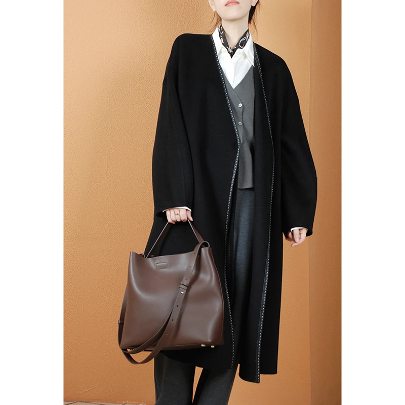 【与风萦】V领系带绵羊毛大衣 时尚中长款气质百搭秋冬显瘦