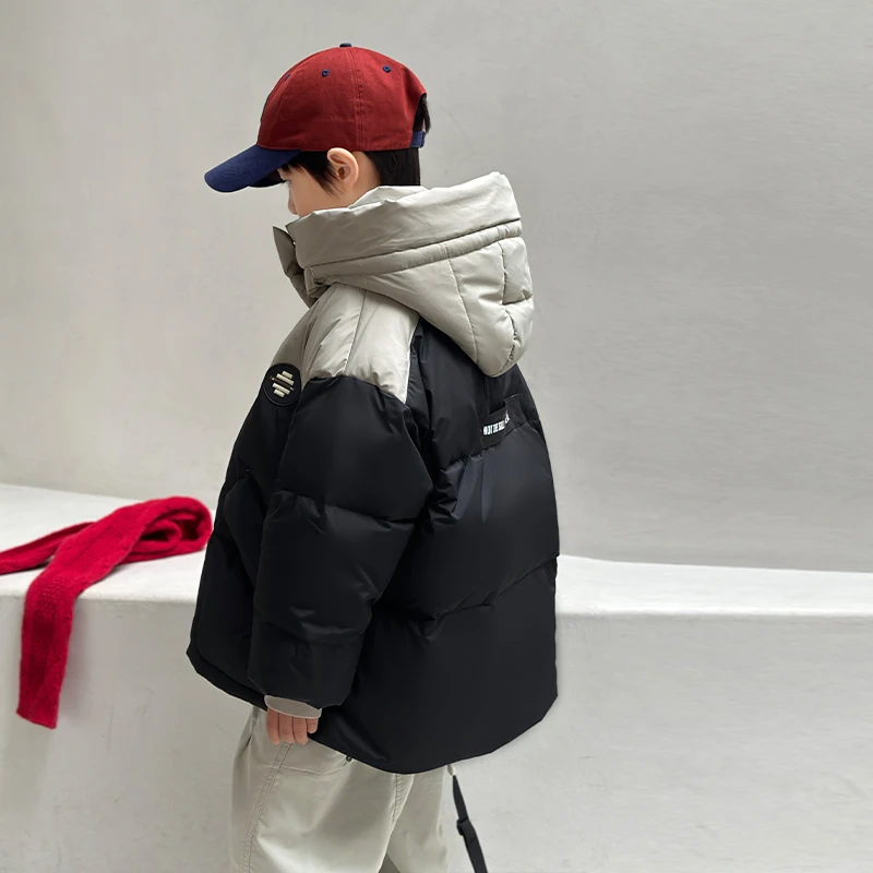 男童羽绒服2024新款冬季拼色加厚儿童中大童洋气连帽羽绒服男童