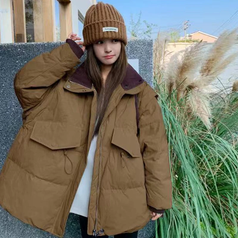 美拉德咖色羽绒服女短款2025冬季韩版大码工装白鸭绒小个子厚外套