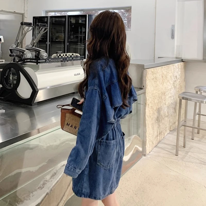 长袖牛仔连衣裙秋装女款爆款2025新款设计感荷叶边显瘦短裙衬衫裙