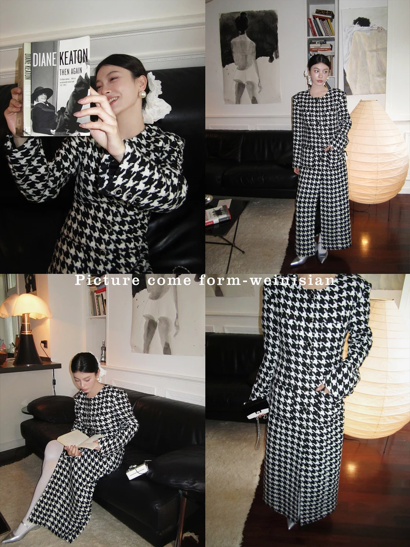 【内购】原创系列 绵羊毛千鸟格小香长款外套     240241