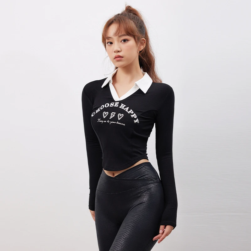 MITAOGIRL复古撞色健身服女秋冬V领长袖T上衣收腰显瘦紧身衣2445