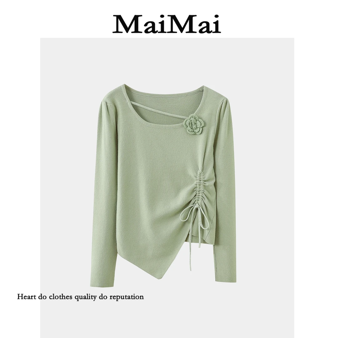 【香茶花】 Mai Mai◆韩版时尚打底衫女圆领针织衫内搭花朵长袖上衣