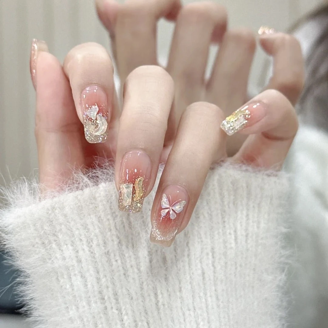 【蝶诗舞】纯手工穿戴甲水晶液态蝴蝶纯欲猫眼法式指甲贴片