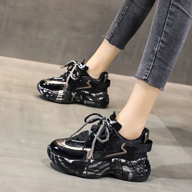 【大爆款】2024年新款黑色亮片老爹鞋网红厚底百搭双鞋运动鞋