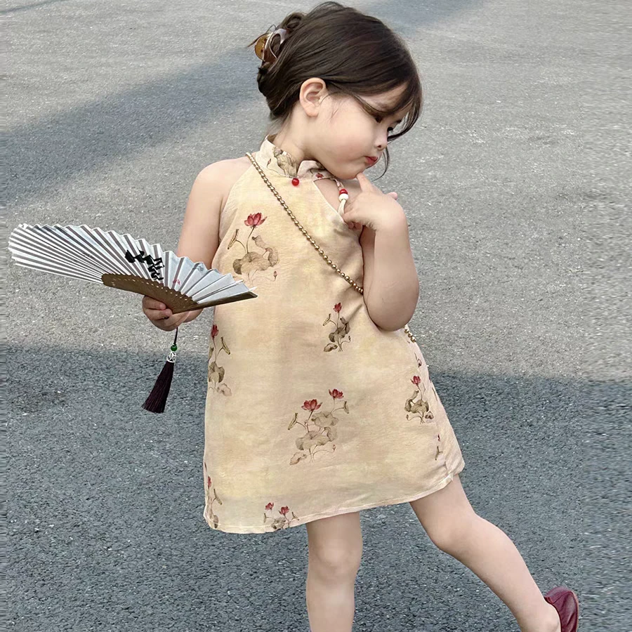 原创童装夏季小女孩小童旗袍裙2024女童宝宝中式复古挂脖连衣裙