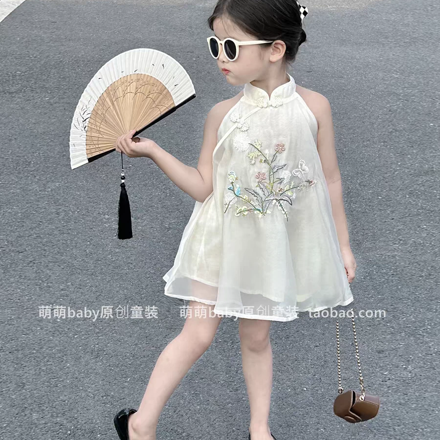 原创古风洋气夏季新款女童中国风旗袍裙儿童宝宝刺绣挂脖连衣裙子