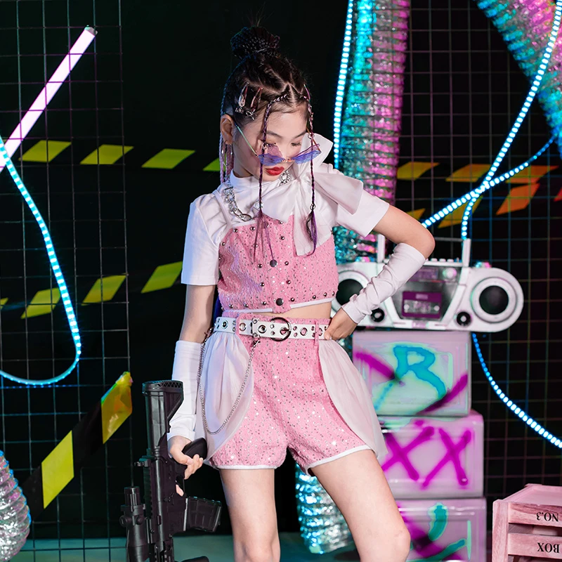 儿童爵士舞演出服时髦女童女团舞蹈亮片服装套装少儿街舞嘻哈衣服