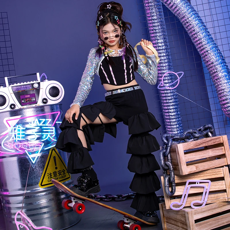 雉子灵爵士舞女童时髦炸街演出服套装儿童t台走秀服装少儿街舞秋