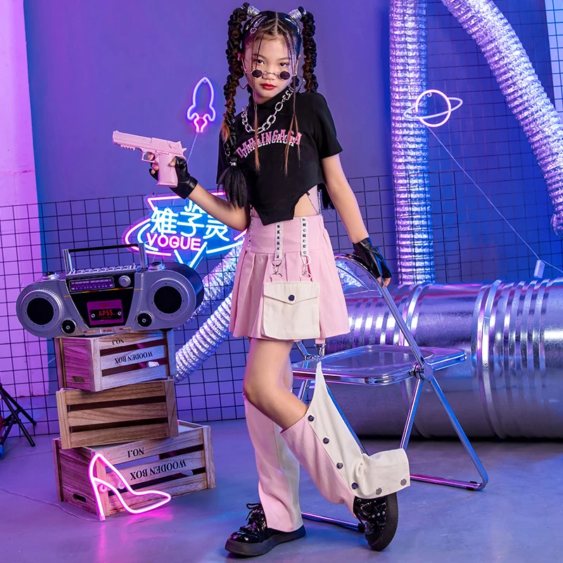 雉子灵女童爵士舞演出服装上衣裙子儿童t台走秀潮酷时装少儿街舞